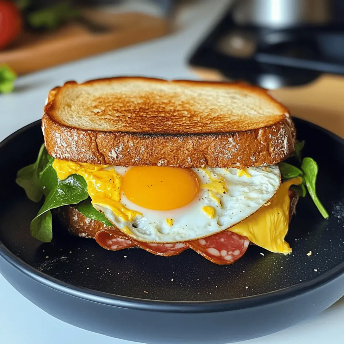 Toast-Sandwich mit Ei, Käse und Salami