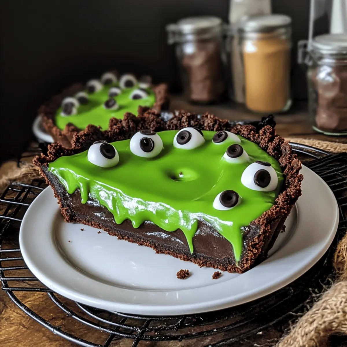 Cremige Halloween-Schokoladentarte mit Schleim-Monstern