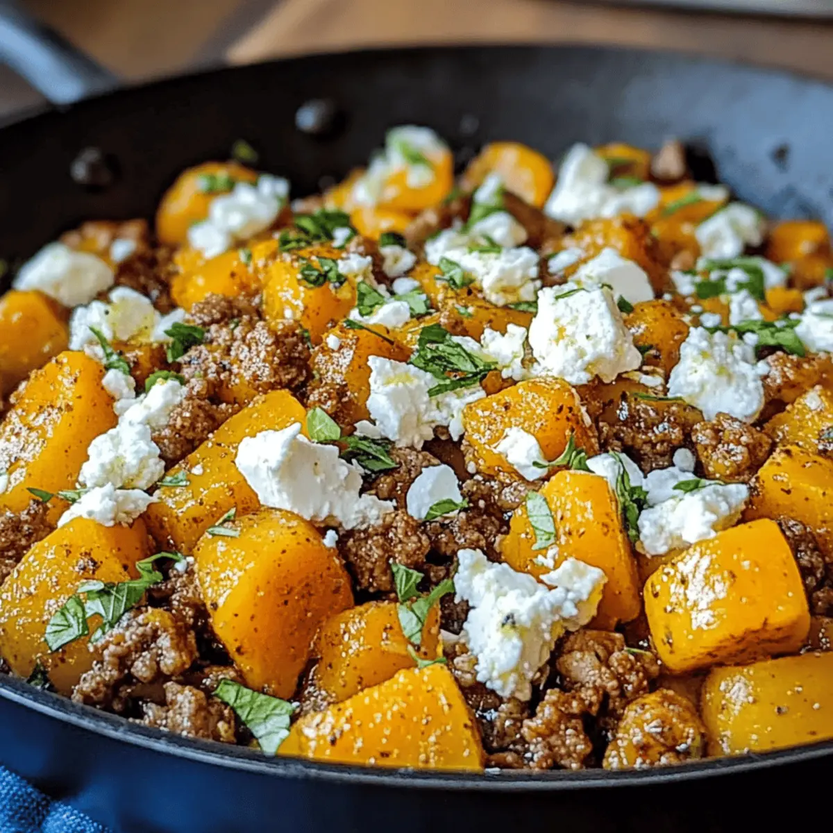 Kürbis Hackfleisch Pfanne mit Feta