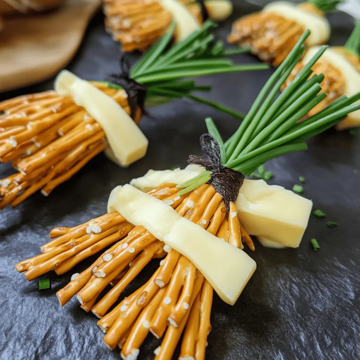 Halloween Snack Hexenbesen mit Käse und Salzstangen