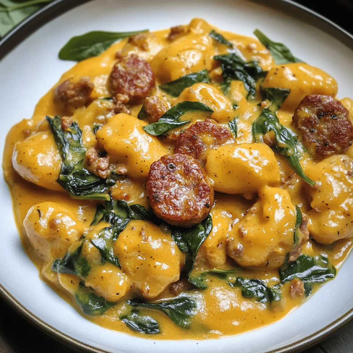 Cremige Kürbisgnocchi mit Spinat und Wurst