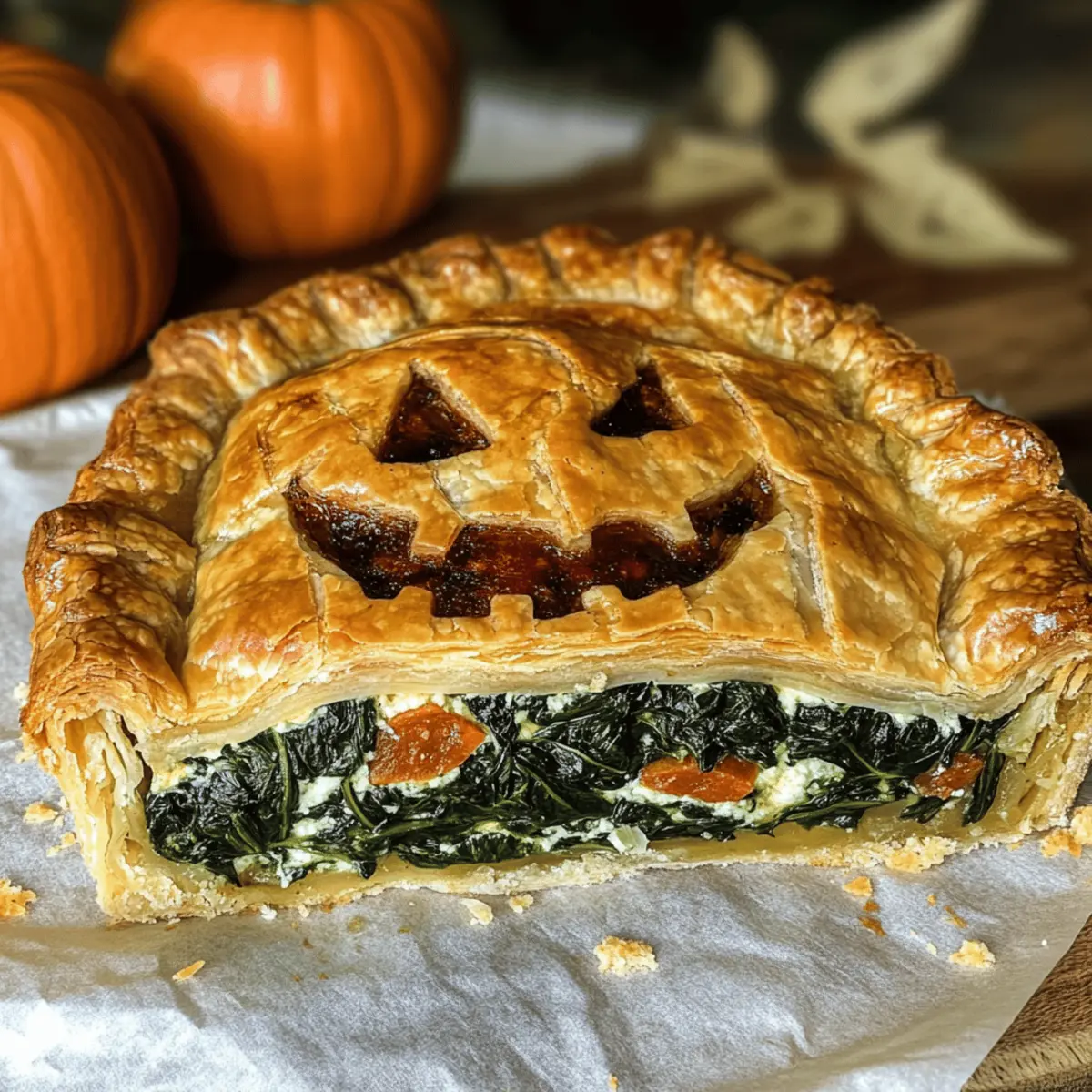 Herzhafter Halloween-Kuchen mit Ricotta, Spinat und Mortadella