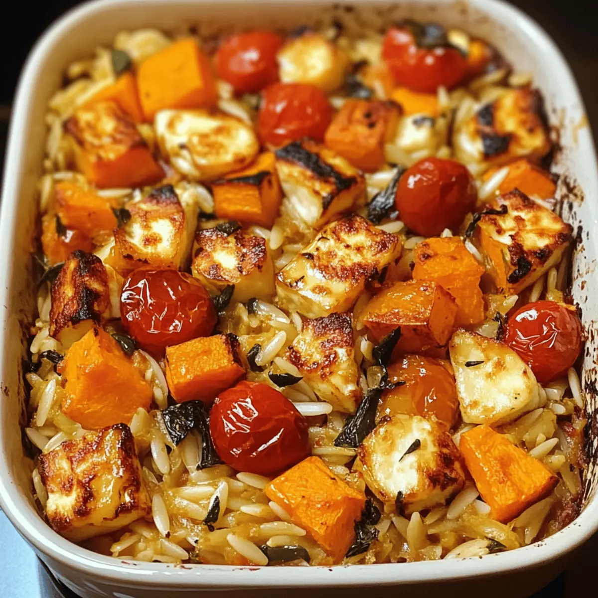 Herbstlicher Halloumi Orzo Auflauf