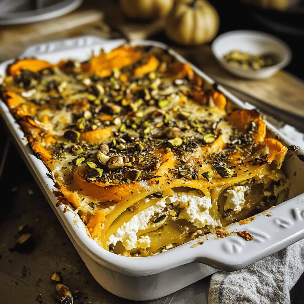 cremige Kürbis Lasagne mit Ricotta und Pistazien