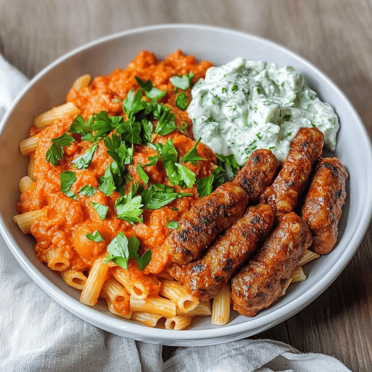 Tomaten Kritharaki mit veganen Cevapcici und Tzatziki