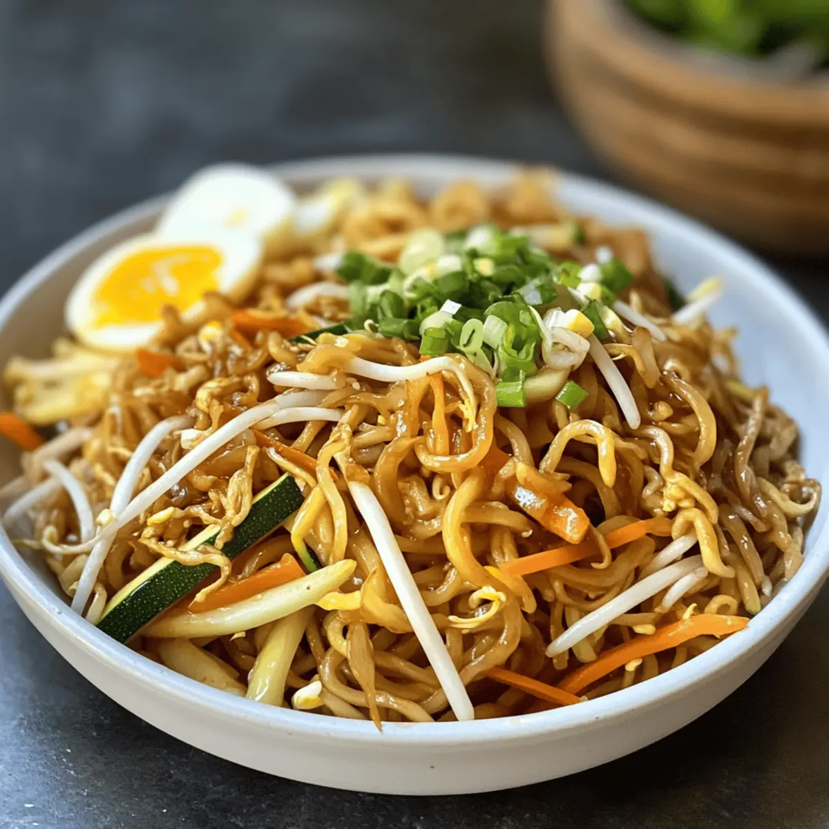 Fried noodles like in Chinese with egg and vegetables