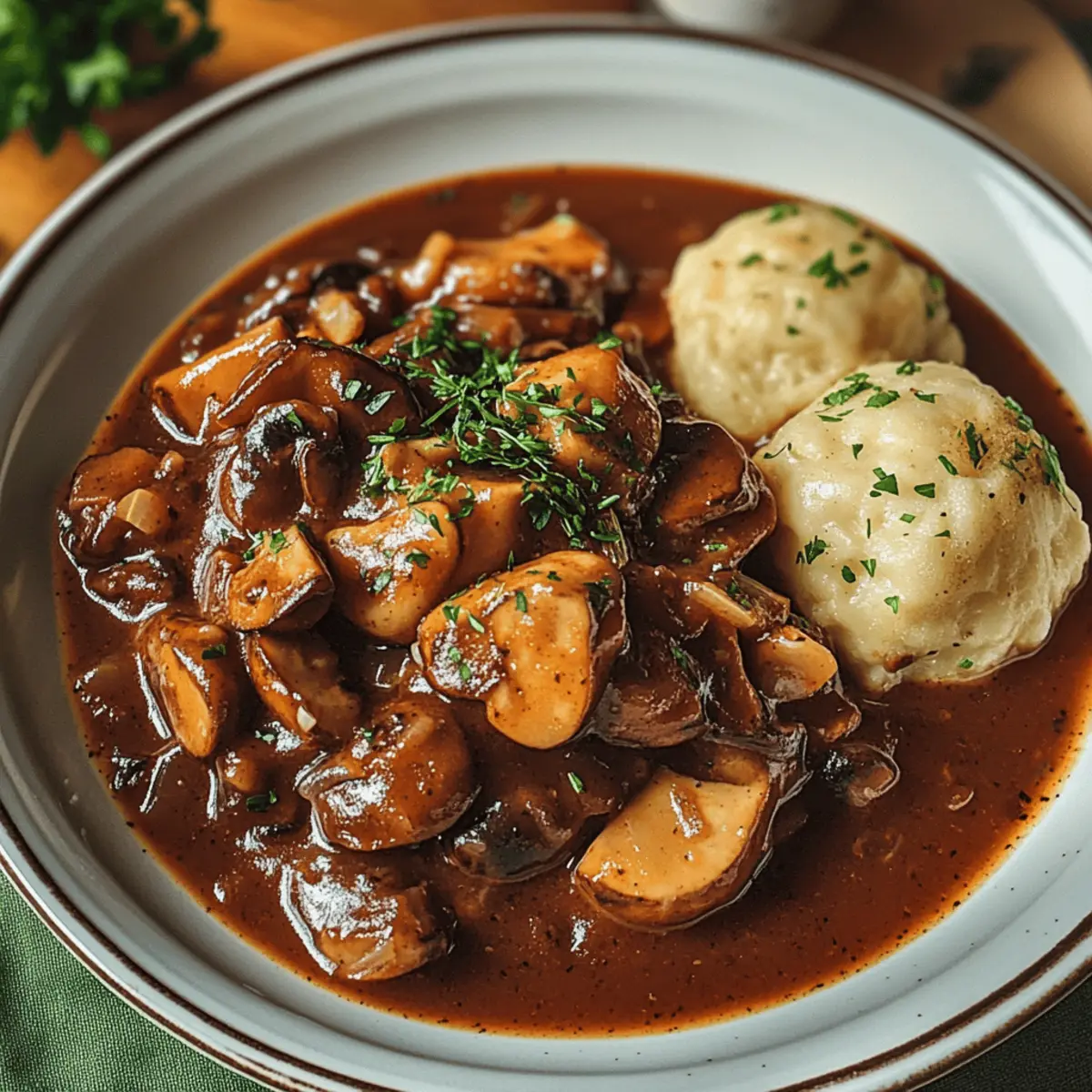 Vegan goulash with mushrooms and bread dumplings